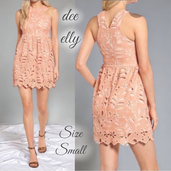 Dee Elly Floral Eyelet Halter Dress - Peach / Pale Coral / Size Small - Picture 1 of 15
